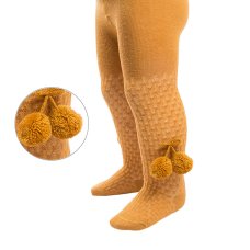 T45-M: Mustard Check Tights w/Pom Poms (NB-24 Months)